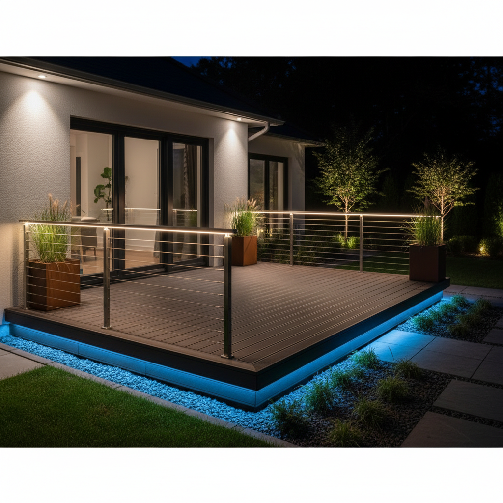 Modern deck with illuminated cable railing at night.