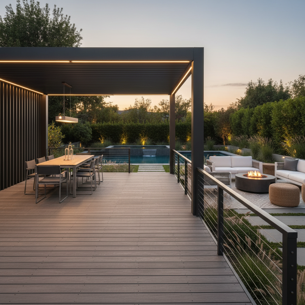 A modern backyard deck divided into dining and lounging zones by a sleek aluminum modular pergola with integrated LED lighting and black cable railing, creating a refined outdoor room at dusk.