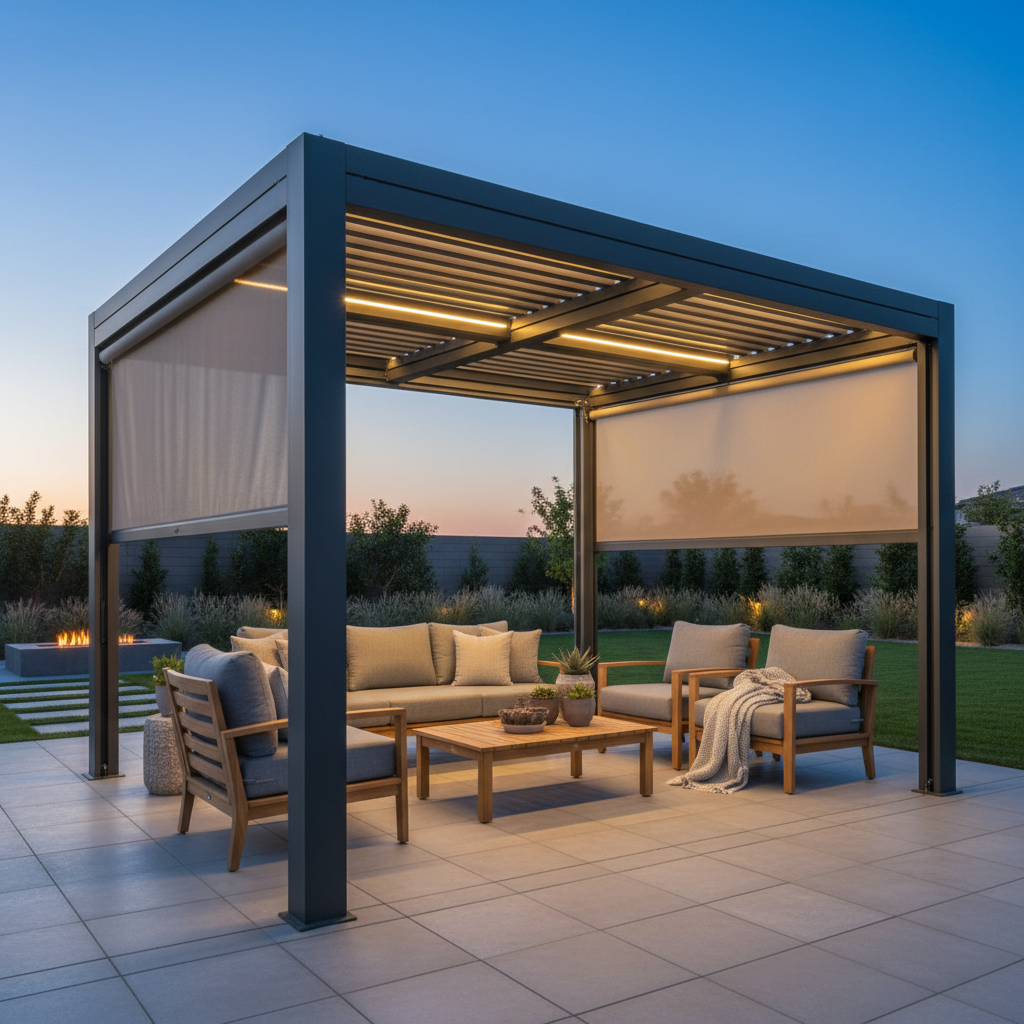 A modern customized aluminum pergola with adjustable louvers, privacy screens, and warm integrated lighting at dusk.