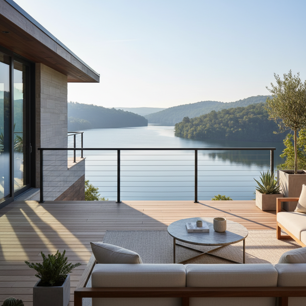 A dramatic modern minimalist deck railing with clean lines, black thin cables blending into the background, and a luxury patio overlooking a lake.