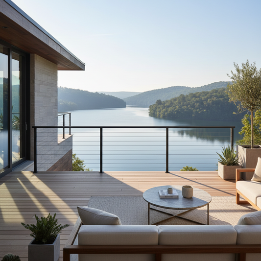 A dramatic modern minimalist deck railing with clean lines, black thin cables blending into the background, and a luxury patio overlooking a lake.