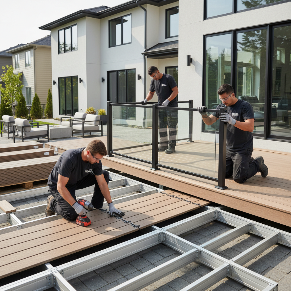Professional contractors installing a modern modular deck system with preassembled railing panels on a residential deck during daylight.