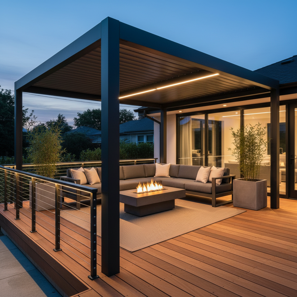 A modern high-end backyard deck at dusk with an integrated modular aluminum pergola, adjustable louvers, LED lighting, minimalist black cable railing, and an illuminated handrail.