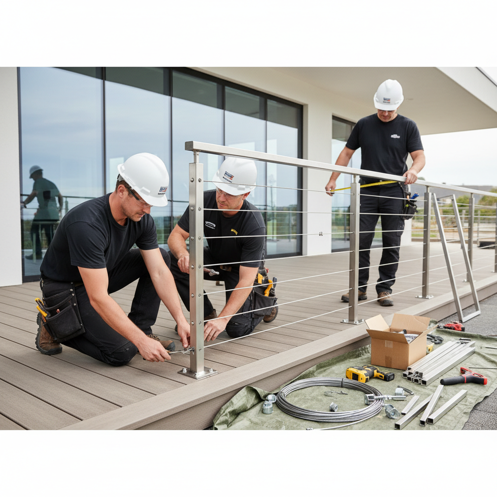 A contractor team installing a modular cable railing system on a modern deck, with tools and preassembled components visible.