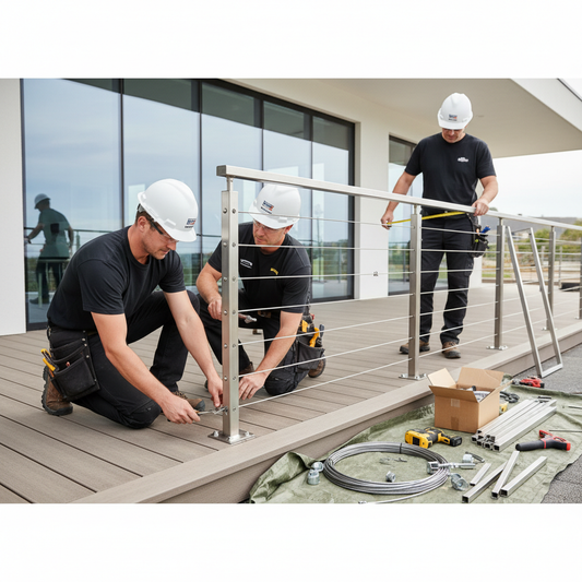A contractor team installing a modular cable railing system on a modern deck, with tools and preassembled components visible.