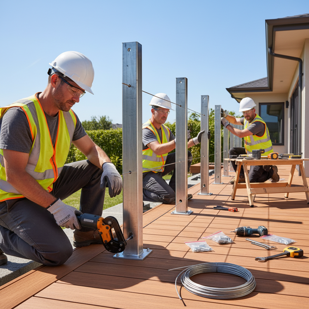 A deck contractor crew using a hydraulic crimper to install modular cable railing posts on a residential deck on a sunny day.