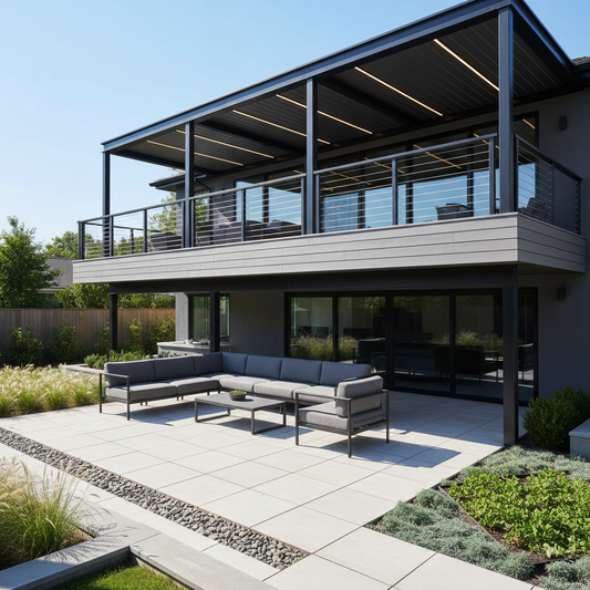A modern backyard deck with black cable railing and a modular aluminum pergola lit by subtle LEDs on a sunny day.