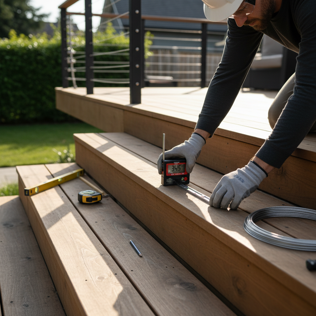 Technician measuring stair angle with digital inclinometer for cable railing installation