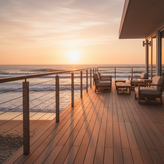 A pristine modern beachfront deck with T316 stainless steel cable railing overlooking the ocean at golden hour.