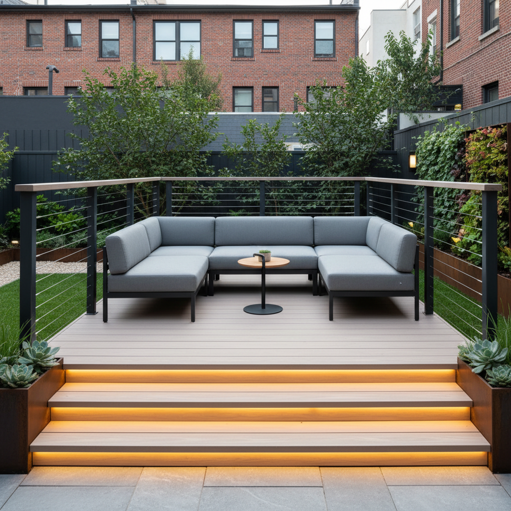 A wide modern small deck in a compact backyard with cable railing, soft LED lighting, and modular furniture creating an open, spacious feel.