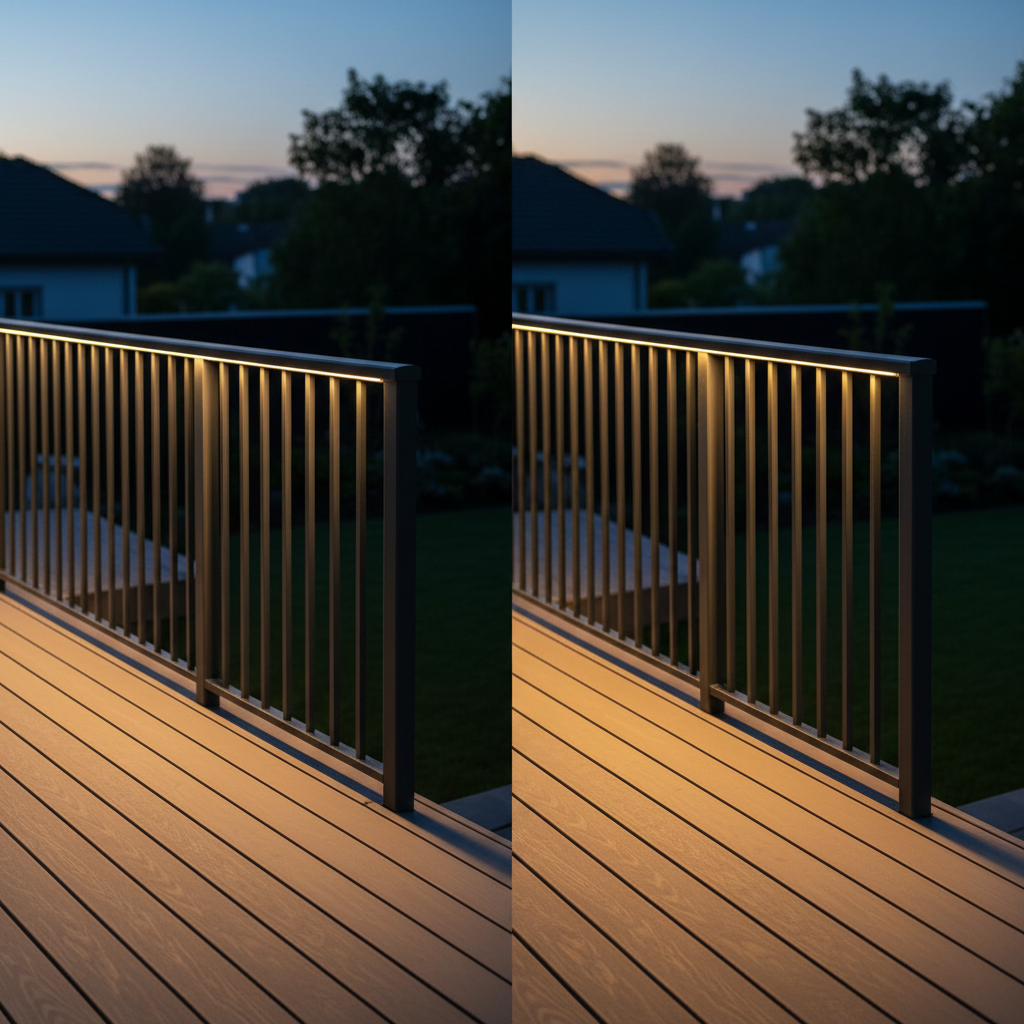 Modern outdoor deck railing with integrated LED lighting at dusk, showing a clean seamless finish and a dramatic before-and-after style transformation.