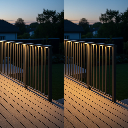 Modern outdoor deck railing with integrated LED lighting at dusk, showing a clean seamless finish and a dramatic before-and-after style transformation.