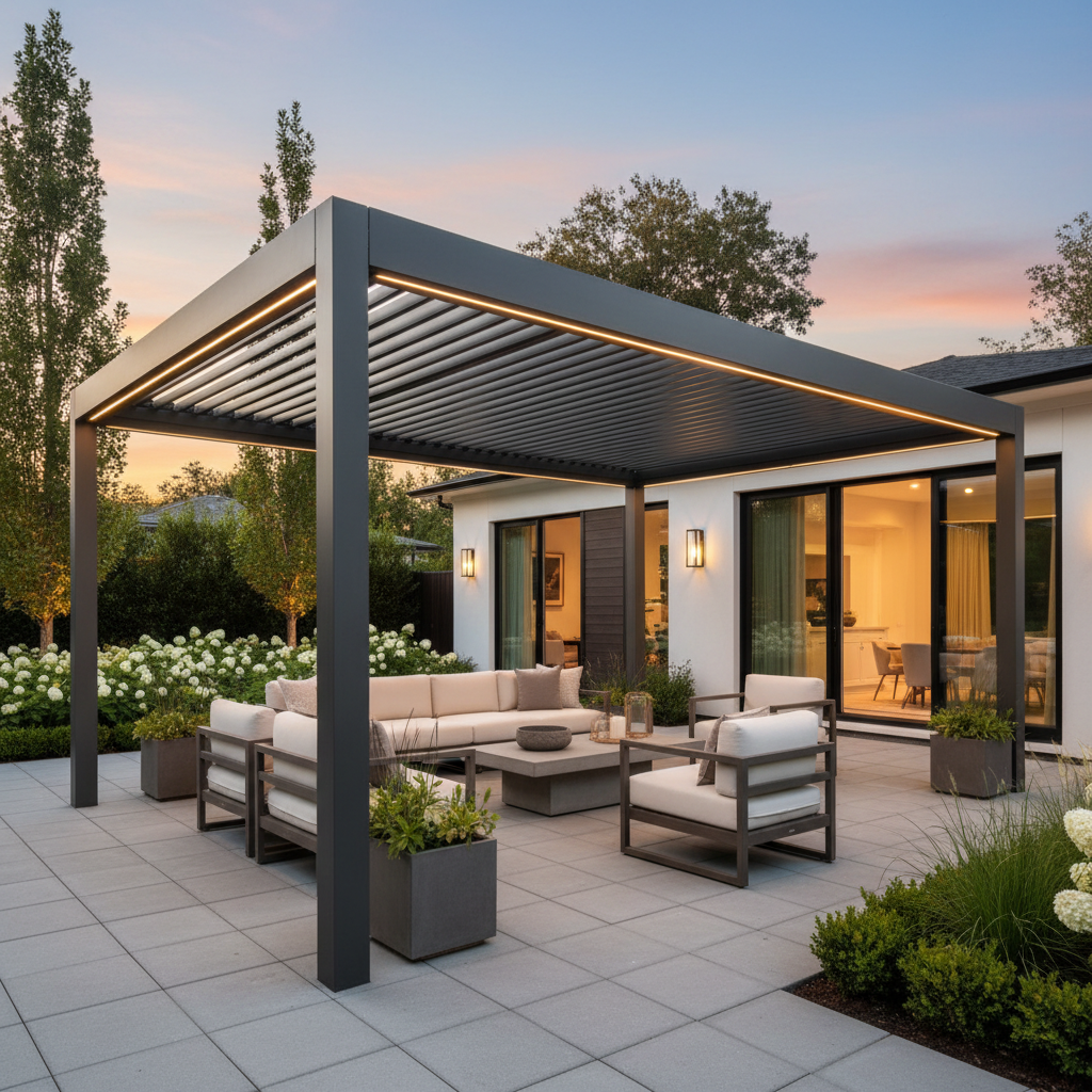 A modern modular aluminum pergola installed in a stylish backyard with adjustable louvers and integrated lighting.