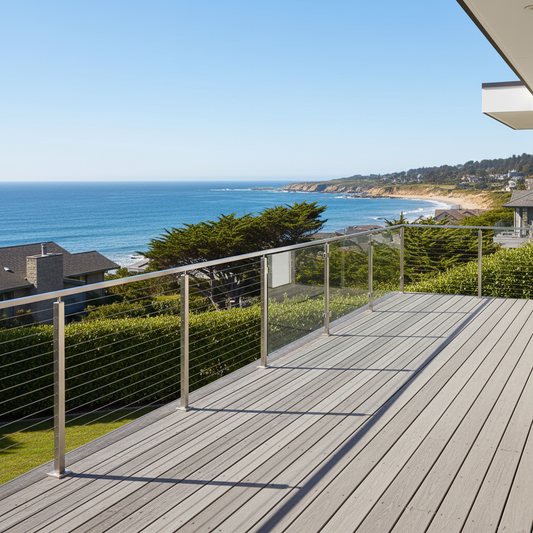 A modern coastal deck showing cable railing and glass railing side by side with an ocean view and clean contemporary home exterior.