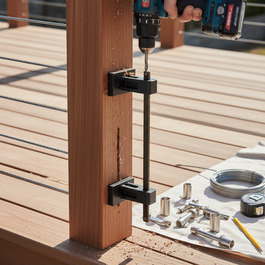 A precise drilling setup on a hardwood post for cable railing installation on a modern deck.