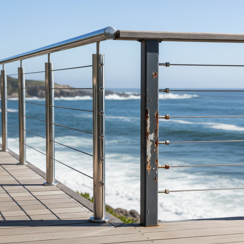 Cable railing on a scenic deck with open coastal or mountain views