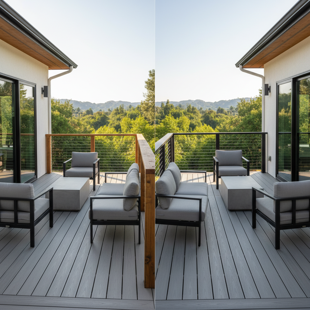A modern residential deck before-and-after comparison showing chunky wood balusters replaced with sleek black cable railing and open views.