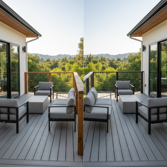 A modern residential deck before-and-after comparison showing chunky wood balusters replaced with sleek black cable railing and open views.