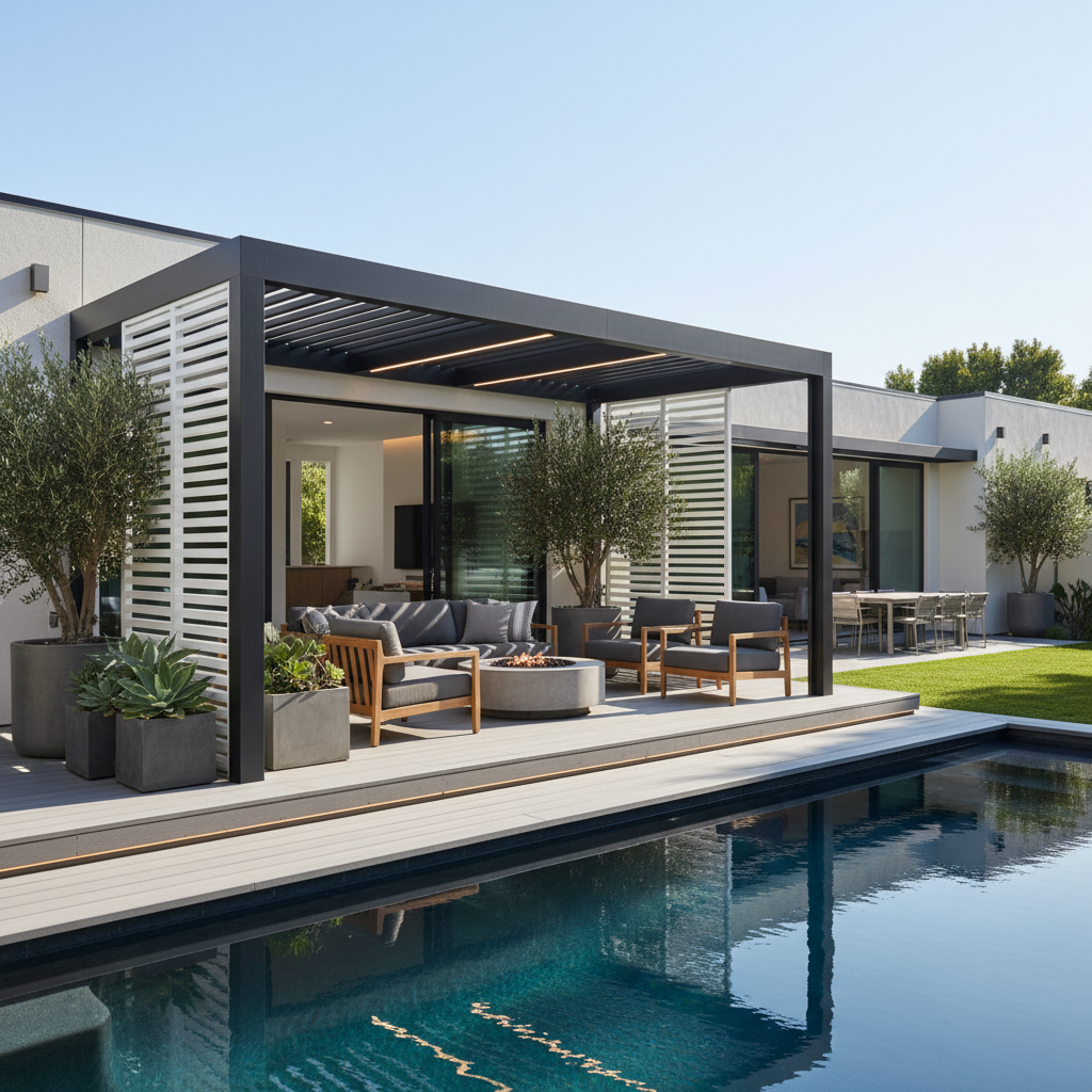 Modern backyard with a modular aluminum metal pergola integrated into a deck, featuring clean architectural lines, subtle lighting, and privacy screens in a realistic daylight outdoor living setting.