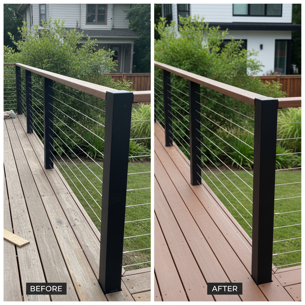 Before-and-after deck cable railing showing sagging cables and reinforced taut cables
