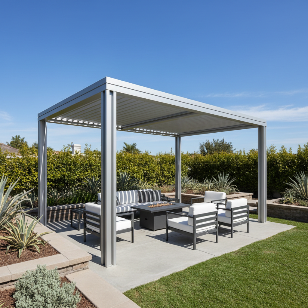 A modern modular aluminum pergola in a backyard with clean lines and a bright clear sky.