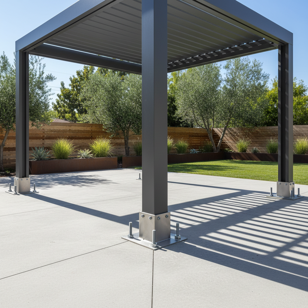 A modern aluminum pergola securely anchored to a concrete patio in a sunny backyard, with visible base plates and mounting hardware.