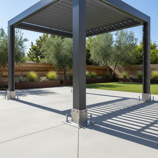 A modern aluminum pergola securely anchored to a concrete patio in a sunny backyard, with visible base plates and mounting hardware.