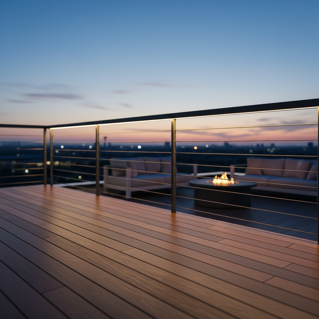 A modern outdoor deck at dusk with a seamless glowing LED handrail built into a sleek metal railing.