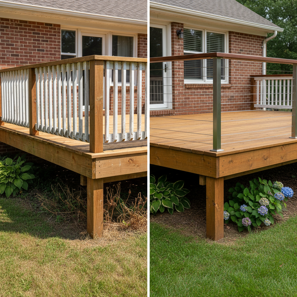 A residential backyard deck transforms from an older wood baluster railing to a sleek modern cable railing on existing wood posts in natural daylight.