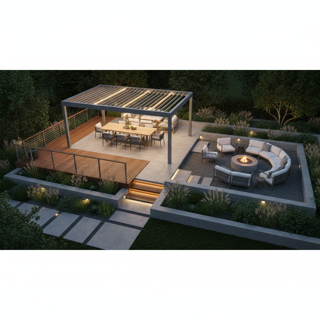 A wide aerial view of a cohesive modern backyard with multiple outdoor zones, including a deck with cable railing, a pergola with lighting, dining and lounge areas, and landscaped greenery at dusk.