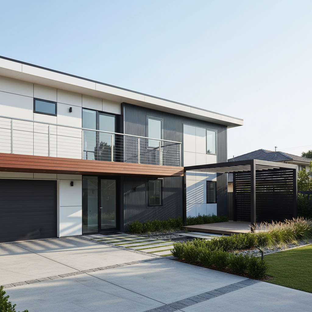 Modern minimalist suburban home exterior with a clean cable railing deck and an aluminum pergola in the backyard.