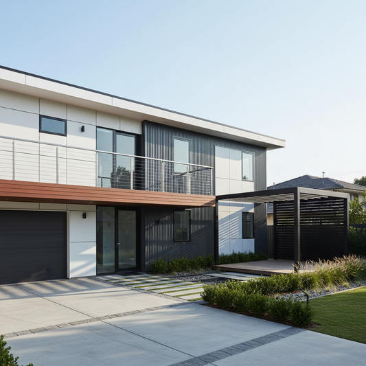 Modern minimalist suburban home exterior with a clean cable railing deck and an aluminum pergola in the backyard.