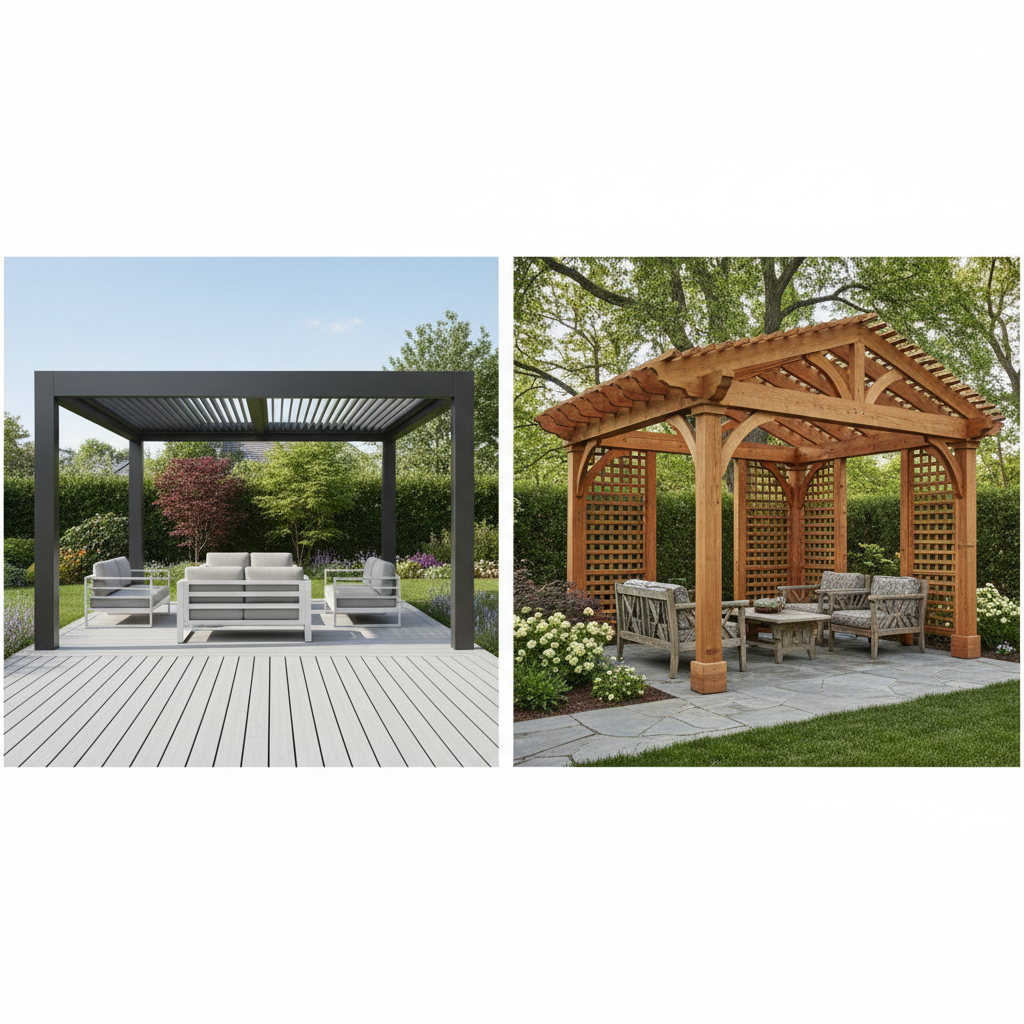 Side-by-side comparison of a modern aluminum modular pergola kit on a deck and a traditional custom wooden pergola in a similar outdoor setting.