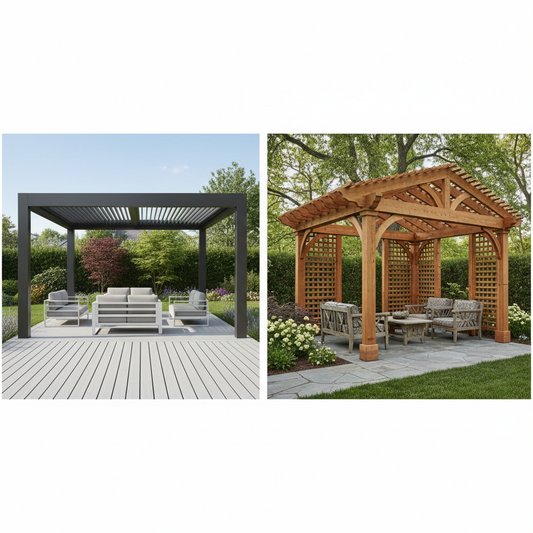 Side-by-side comparison of a modern aluminum modular pergola kit on a deck and a traditional custom wooden pergola in a similar outdoor setting.