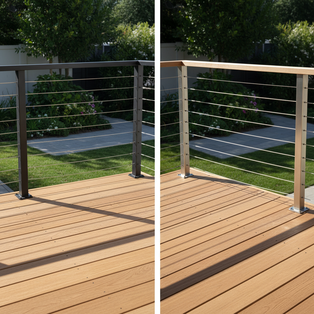A dramatic split-view comparison of a modern deck with black matte aluminum railing on one side and stainless steel cable railing on the other, beside a contemporary home in natural daylight.