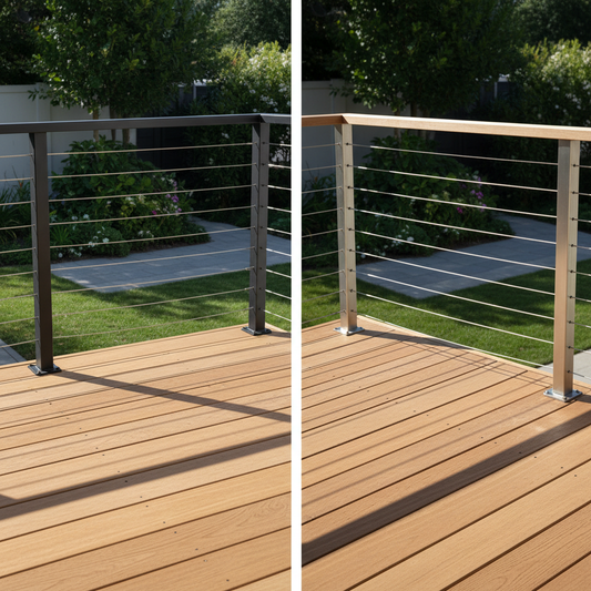 A dramatic split-view comparison of a modern deck with black matte aluminum railing on one side and stainless steel cable railing on the other, beside a contemporary home in natural daylight.