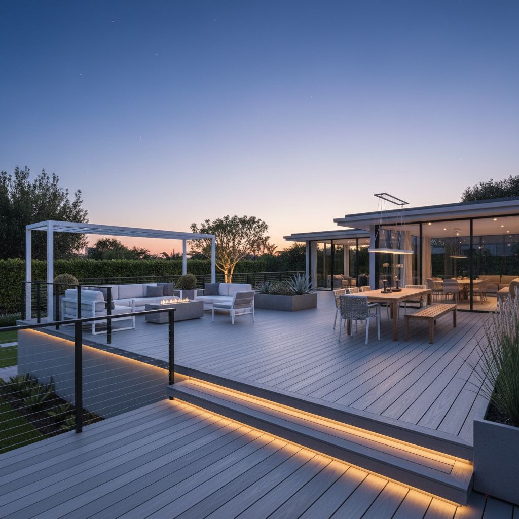 A modern minimalist outdoor deck at dusk with cable railing, integrated LED lighting, and clearly defined zones for dining and lounging.