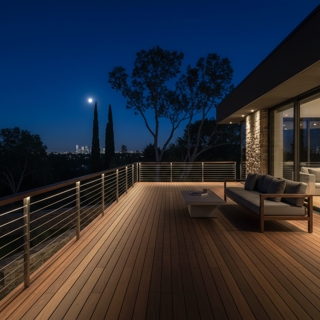 A modern residential deck at night with a subtle warm glow hidden beneath the cable railing, creating a high-end minimalist exterior atmosphere.