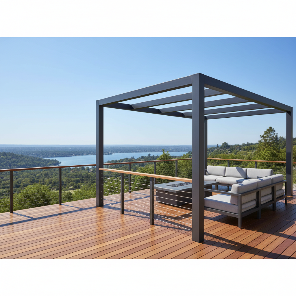 A modern outdoor deck with an aluminum modular pergola integrated with stainless steel cable railing, featuring open views, clean lines, and natural daylight.