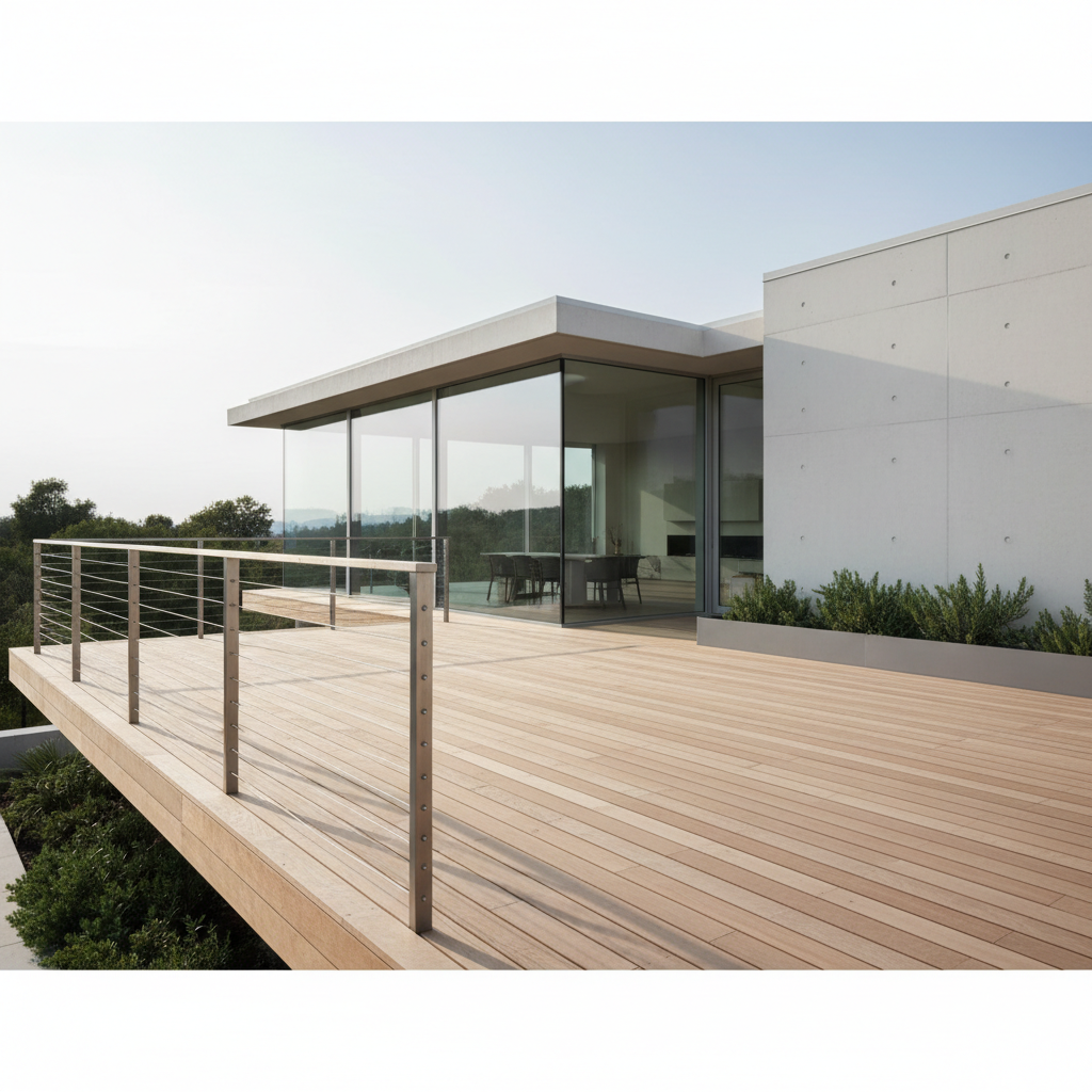 A sleek modern deck with upgraded cable railing and a contemporary house in natural daylight.