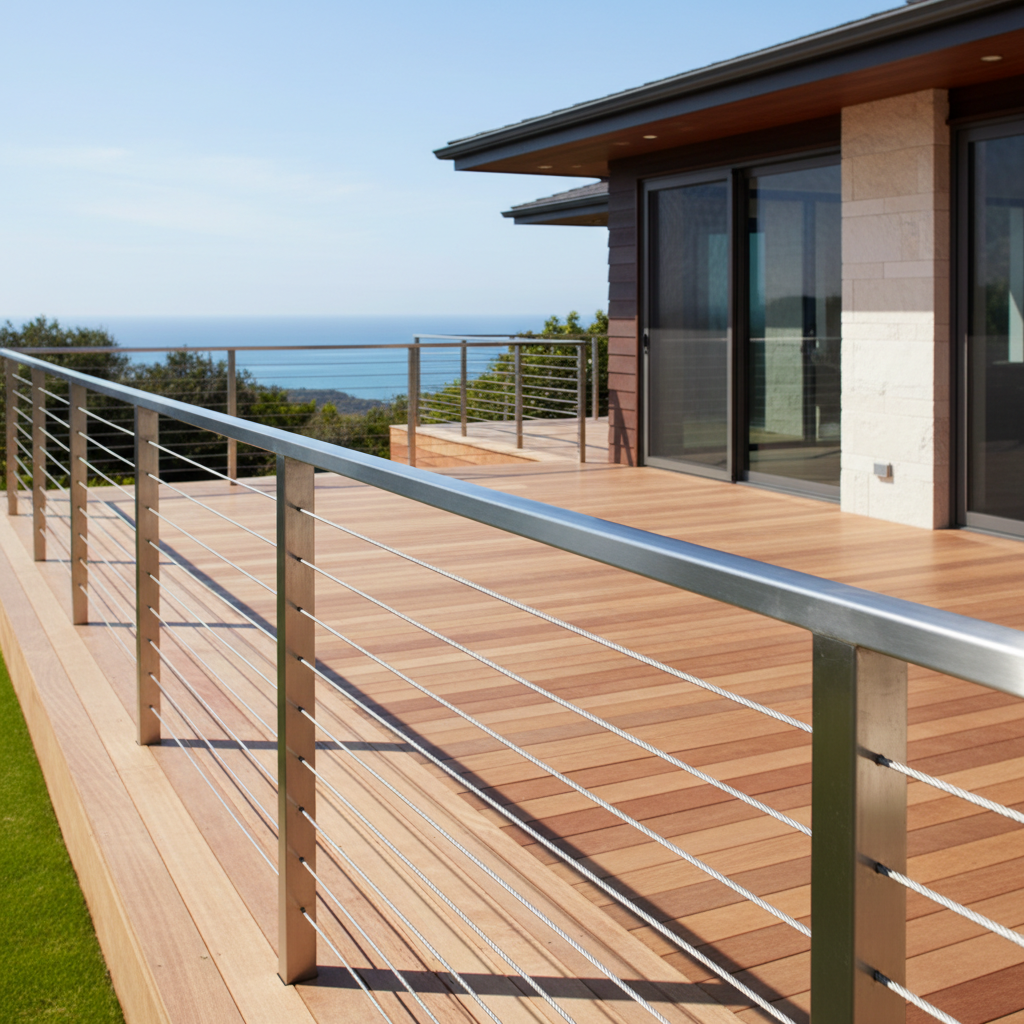 A modern deck with sleek stainless steel cable railing under perfect tension, showing straight parallel cables and clean architectural lines.