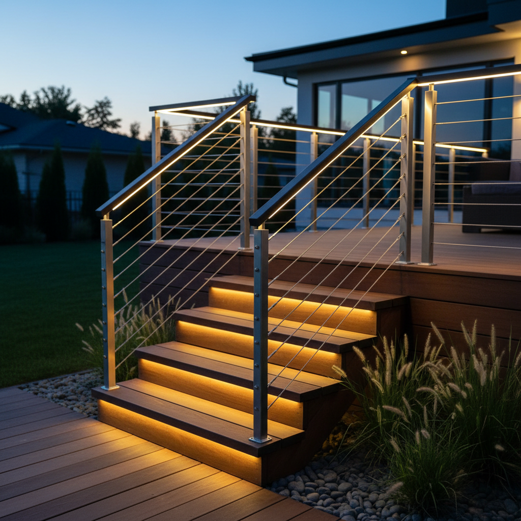 Modern LED handrail illuminating deck stairs at dusk with clean architectural lines