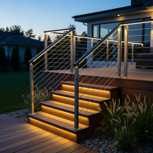 Modern LED handrail illuminating deck stairs at dusk with clean architectural lines