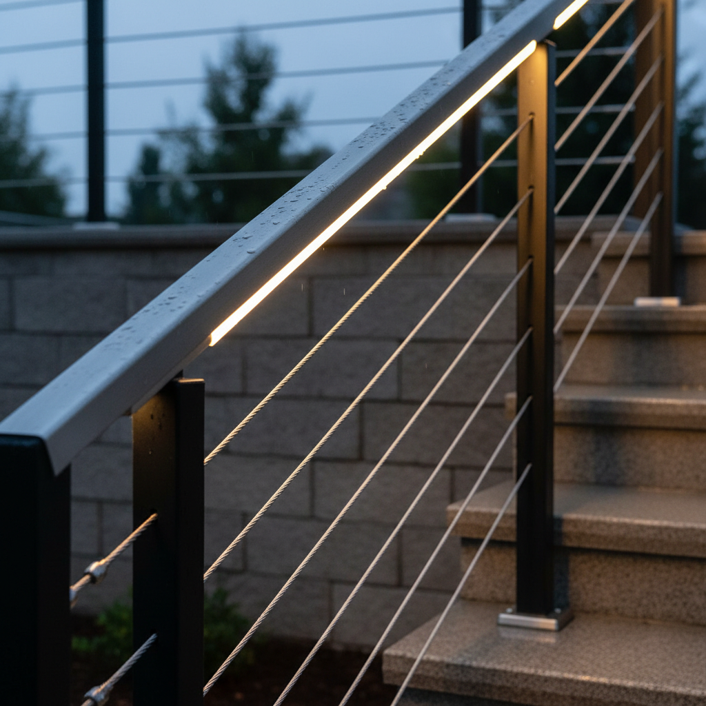 LED cable railing on outdoor stairs