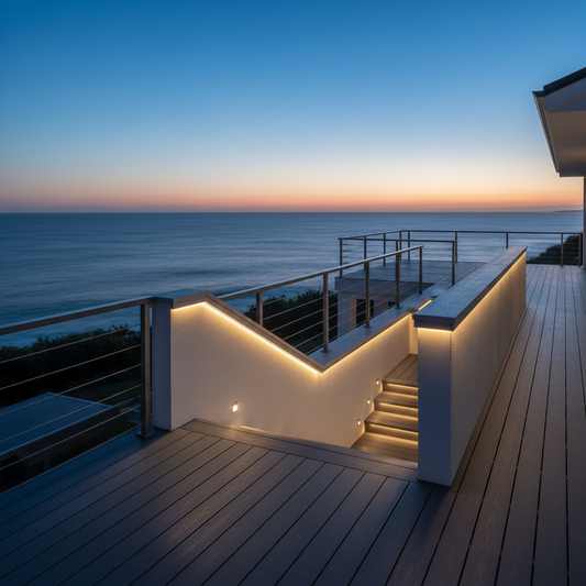 An illuminated modern coastal deck with a weatherproof LED handrail at dusk overlooking the ocean.