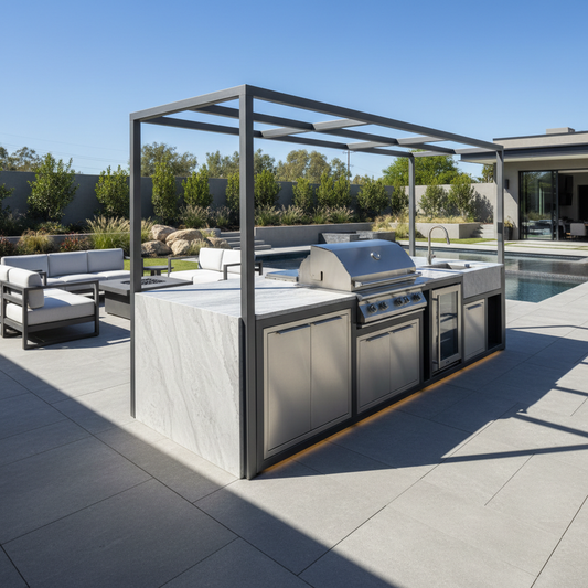 A modern modular outdoor kitchen in a luxury backyard on a sunny day, showing a completed high-end installation with sleek metal framing, premium appliances, and elegant landscaping.