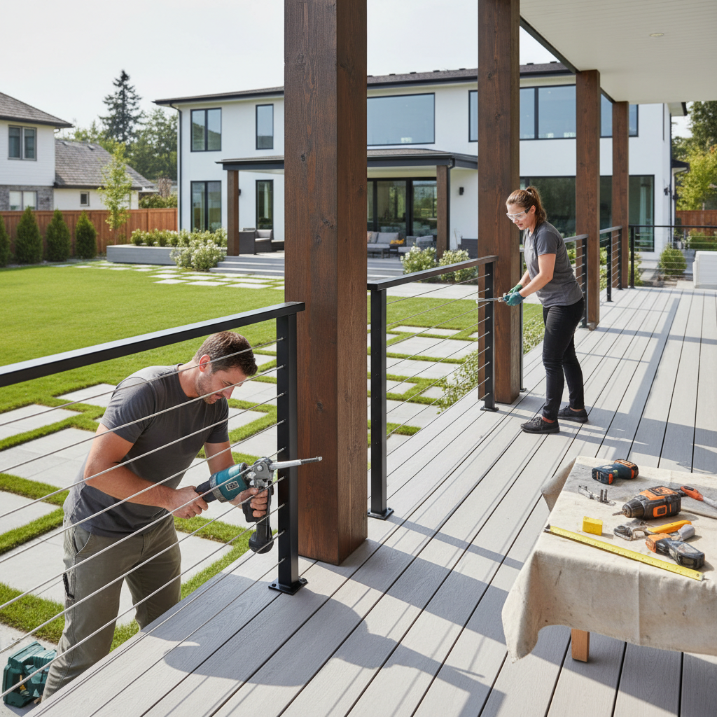Deck contractors installing modular black cable railing on a modern outdoor deck.