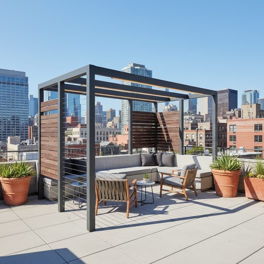 A compact modern metal pergola kit on a narrow urban rooftop deck, shown with cable railing, clean lines, and bright daylight.