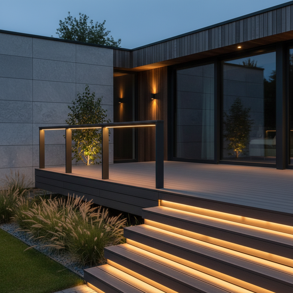 A modern outdoor deck at night with flush recessed LED railing lights creating a subtle glow along clean minimalist railings.
