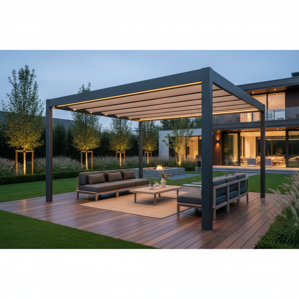 A modern aluminum pergola with partially retracted shade fabric and glowing LED lights on a stylish backyard deck at dusk.